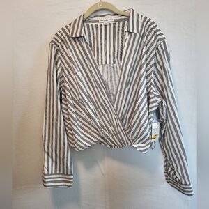 NWT Black & White Striped Long Sleeve Cropped Wrap-Front Blouse Size 3X